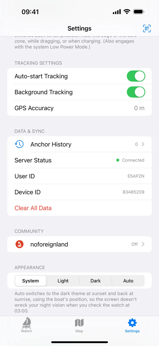 The noforeignland row in Anchor Alarm Pro settings, under Community.