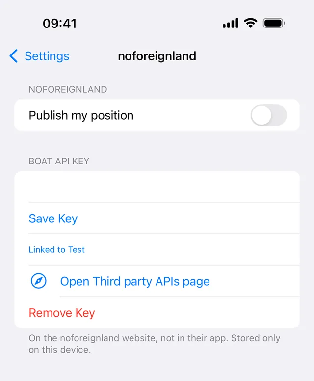 The noforeignland screen, with the publish switch and the Boat API Key field.