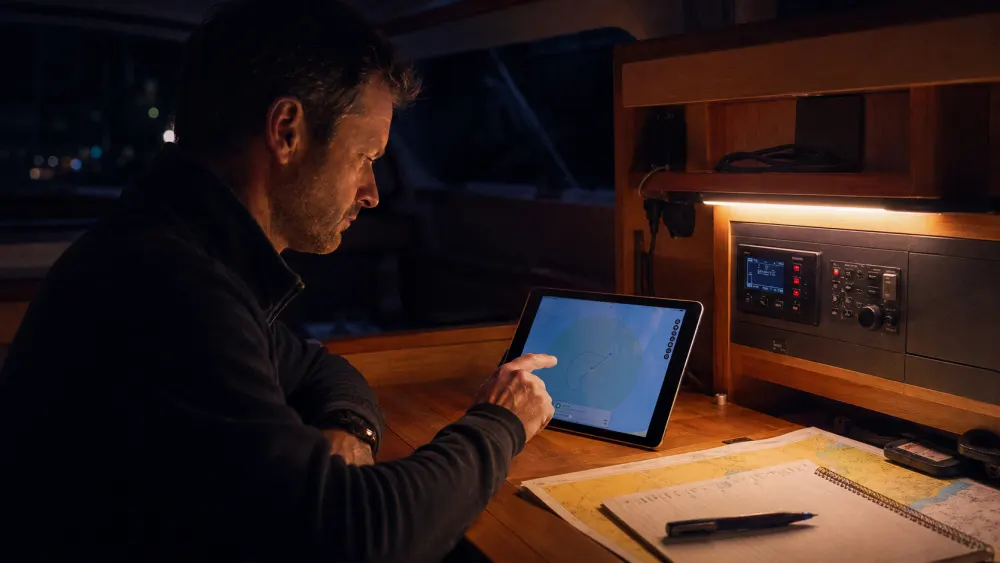 Sailor watching the boat with Anchor Alarm Pro on a tablet at the nav station