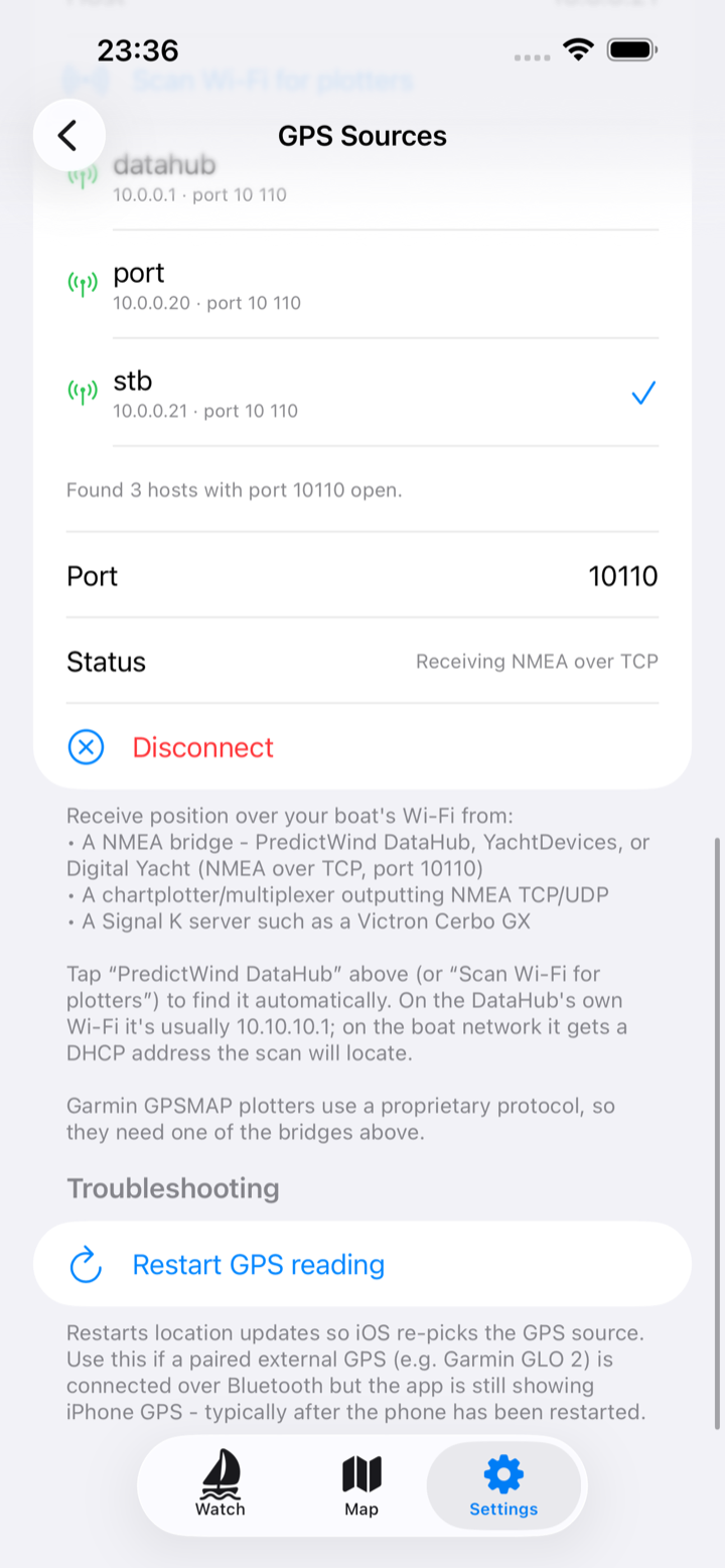 GPS sources screen