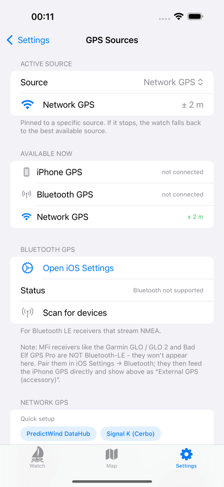 GPS sources screen