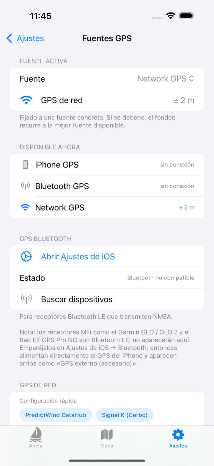 Pantalla de fuentes de GPS