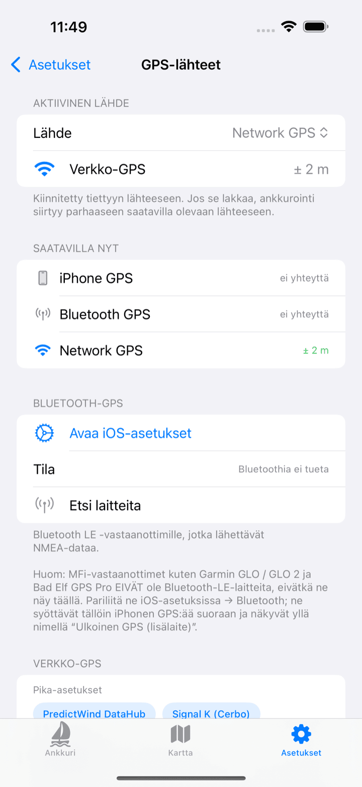 GPS-lähteiden näkymä