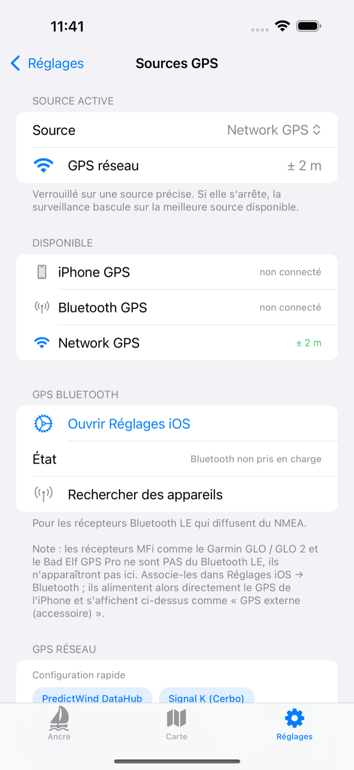 Écran des sources GPS