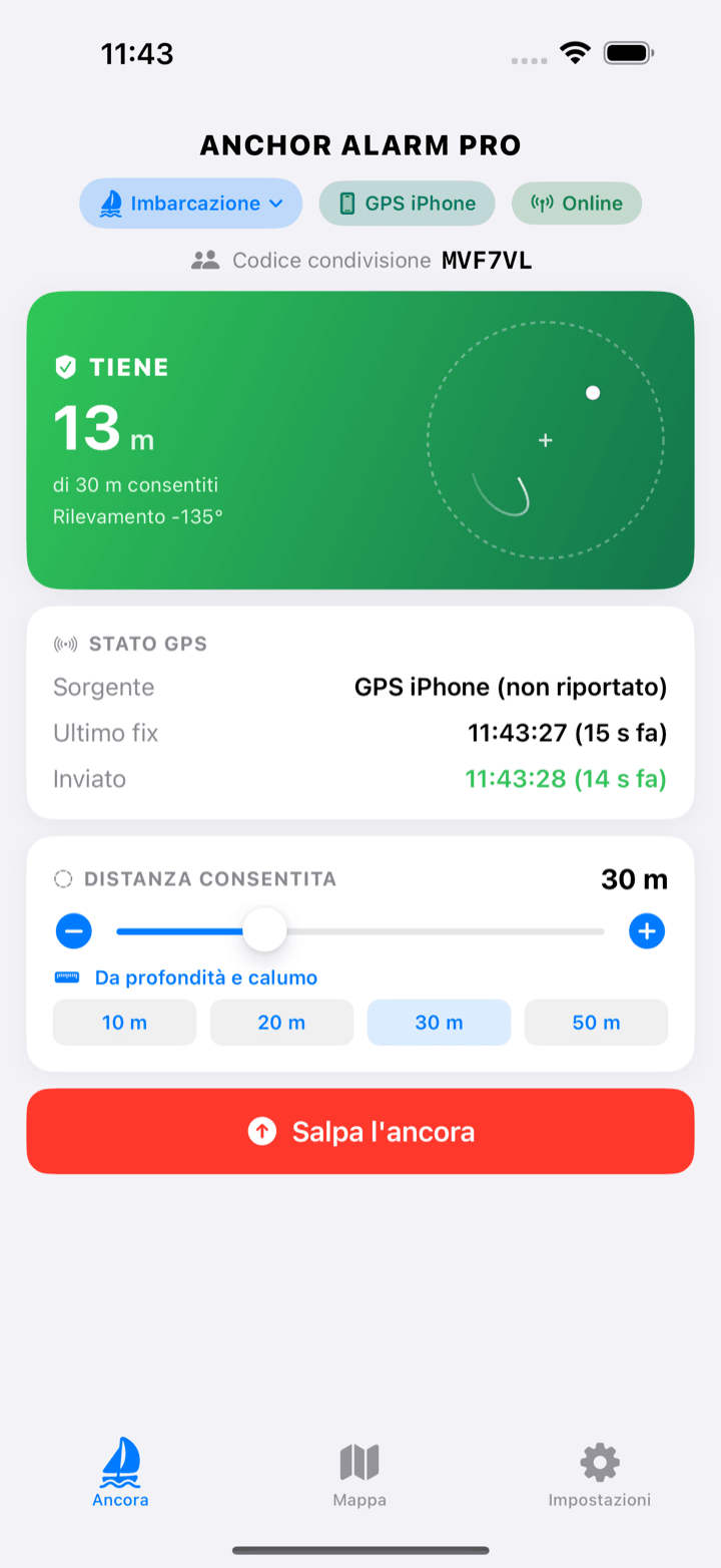 Schermata Tiene con il giro sull'ancora