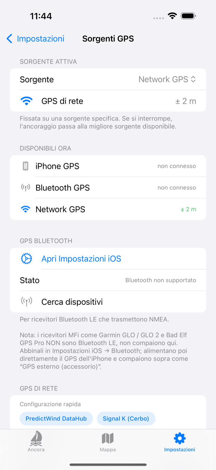 Schermata delle sorgenti GPS
