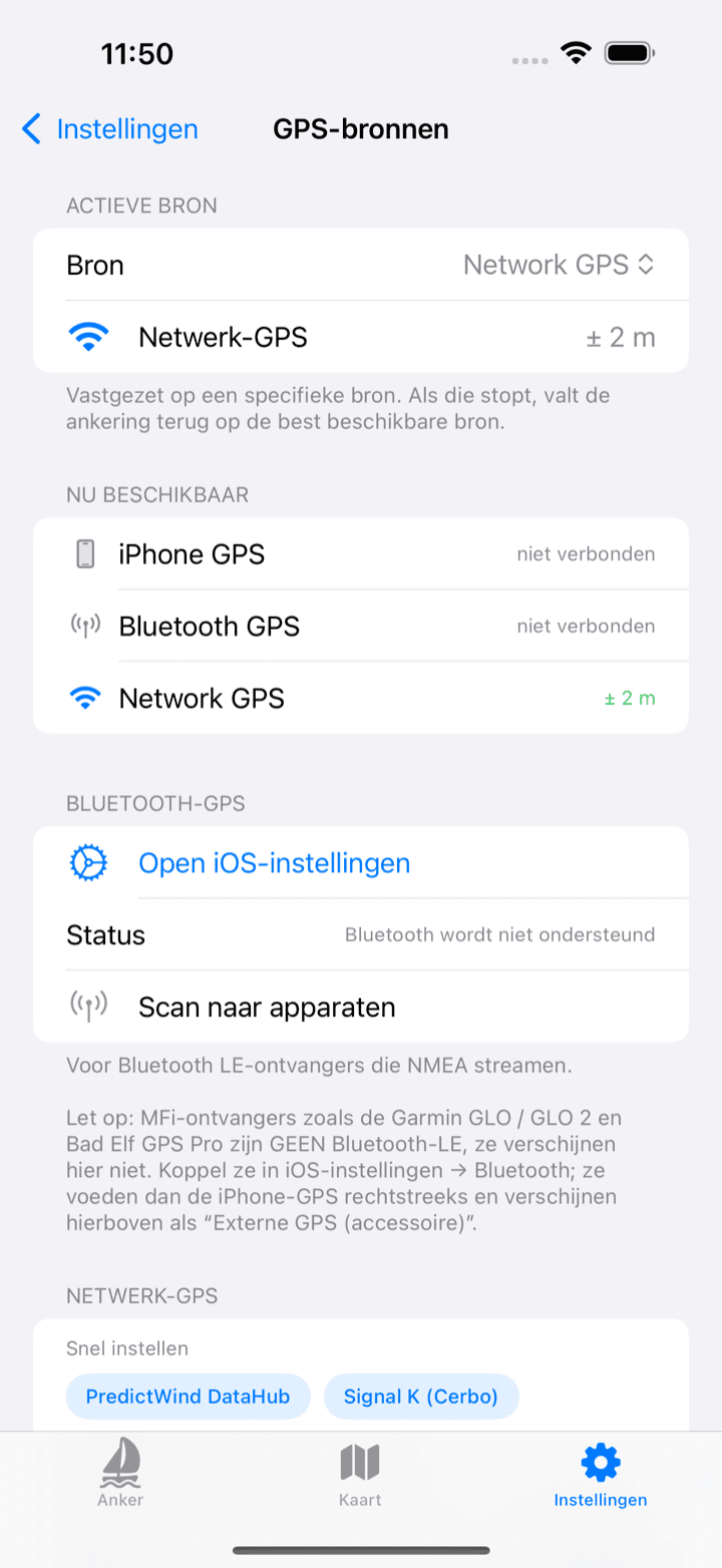 Scherm met GPS-bronnen