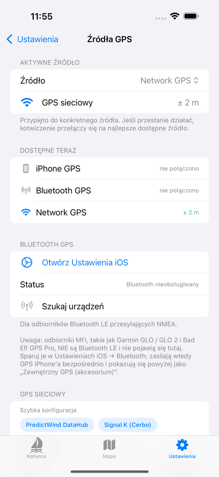 Ekran źródeł GPS