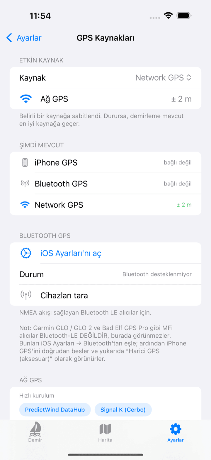 GPS kaynakları ekranı