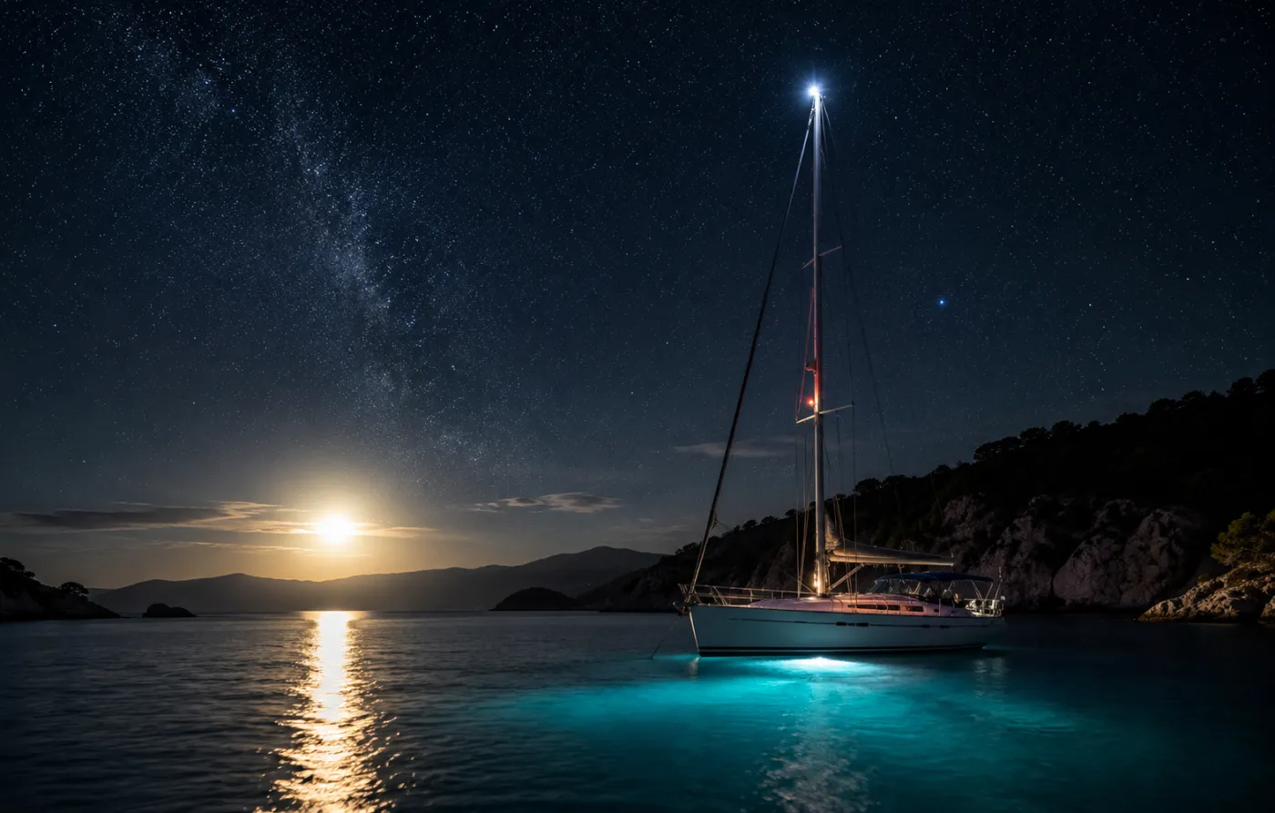 Sailboat at anchor at night with the anchor light glowing at the masthead over calm water