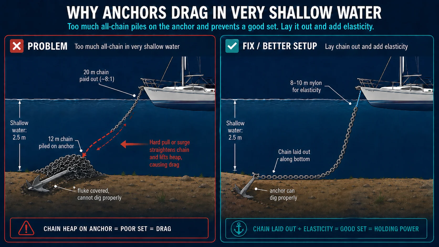 Illustration of chain piling up on top of an anchor in shallow water, preventing the flukes from digging in
