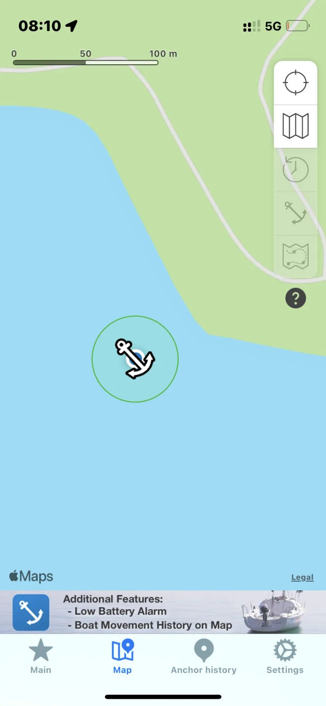 Anchor Pro app map view showing the anchor position and swing