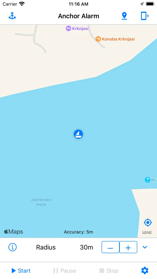 Anchor Alarm / Watch app map view with anchor radius and start controls