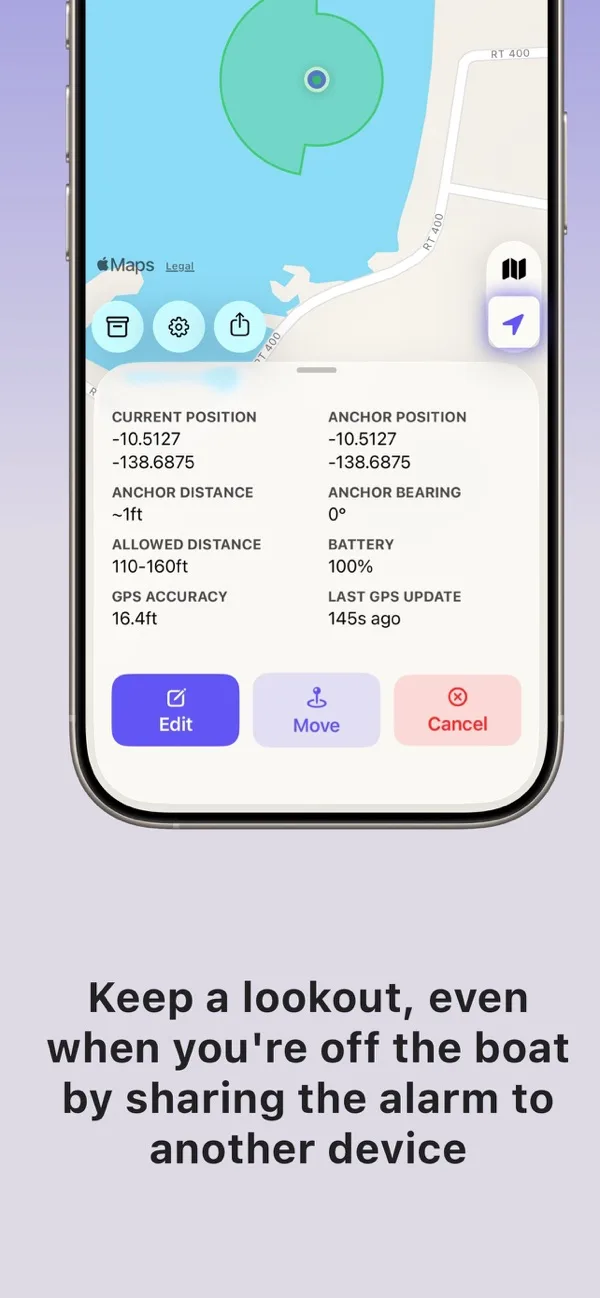 Anchor Watch by High Hill Bits showing anchor position, bearing, battery and remote sharing
