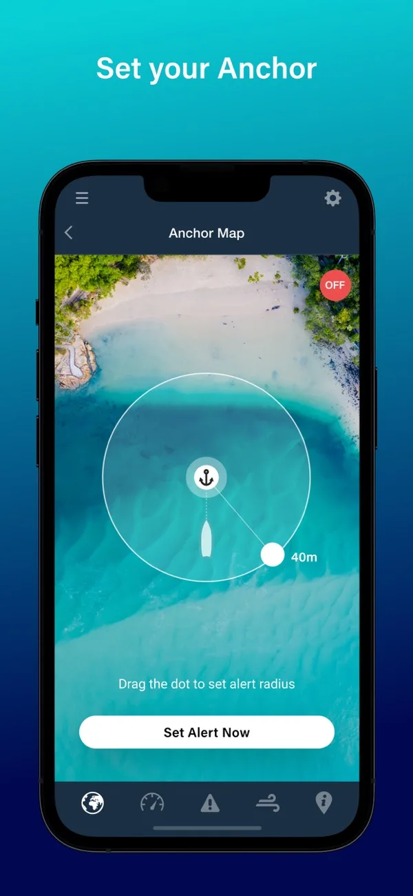 Anchor Alert by PredictWind showing the anchor position and alert radius on a satellite chart