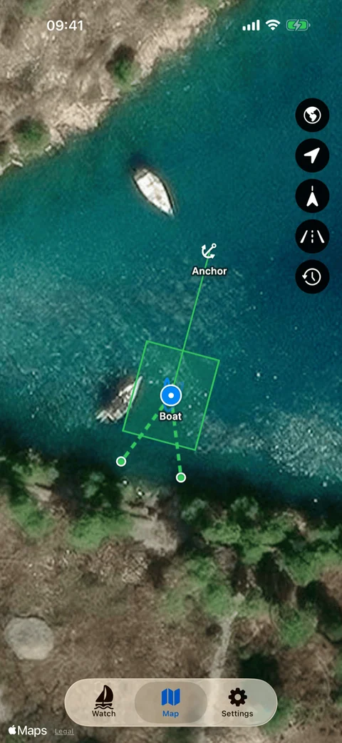 Screenshot of Anchor Alarm Pro showing a boat Med moored with stern lines ashore: the anchor marker ahead, two dashed lines back to the shore points, and the green corridor the boat is allowed to move in