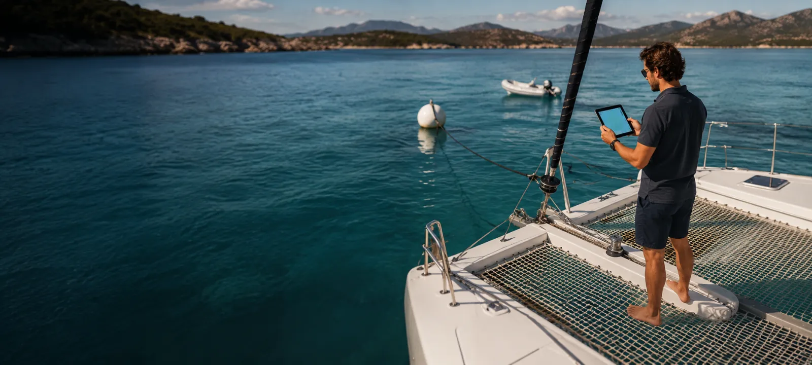 Catamaran lying to a mooring buoy in a calm anchorage