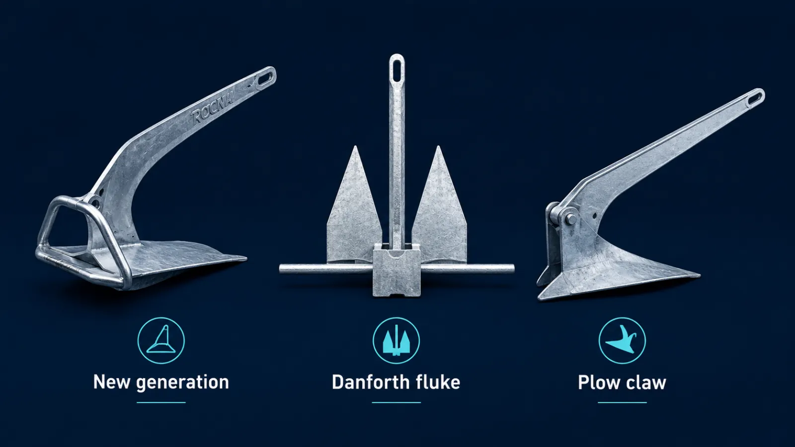 Comparison of three anchor types: a new-generation scoop anchor with roll bar, a Danforth fluke anchor, and a plow anchor