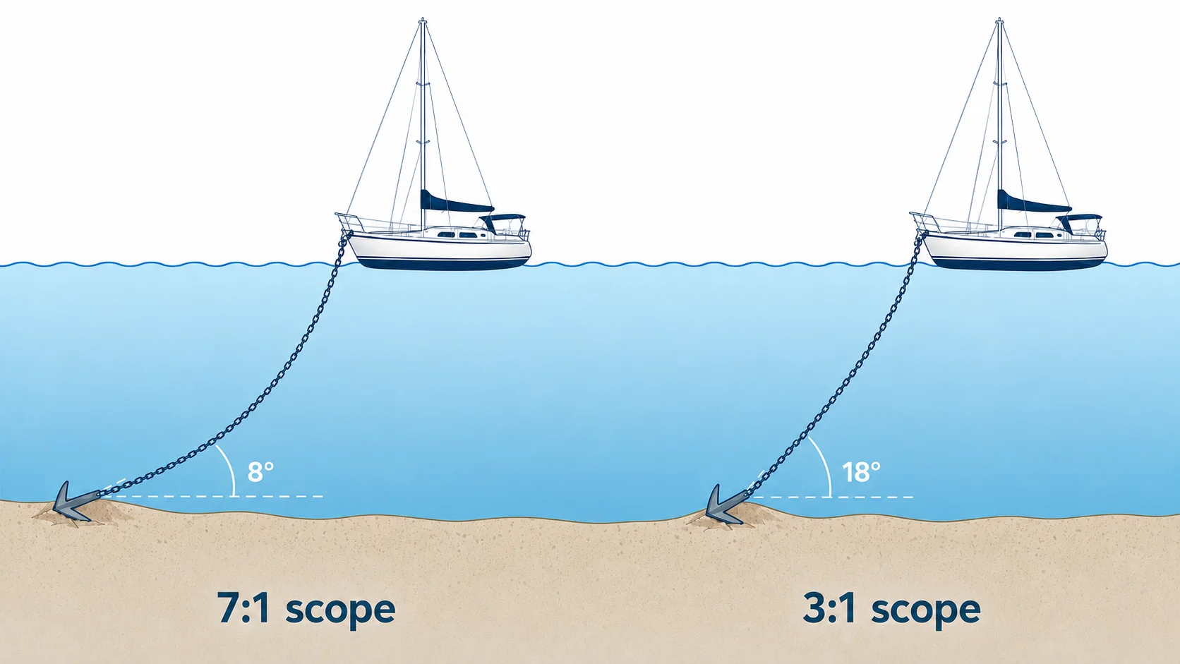 Side-view diagram showing how scope ratio determines the angle of pull at the anchor: 7:1 gives a near-horizontal pull while 3:1 lifts the shank