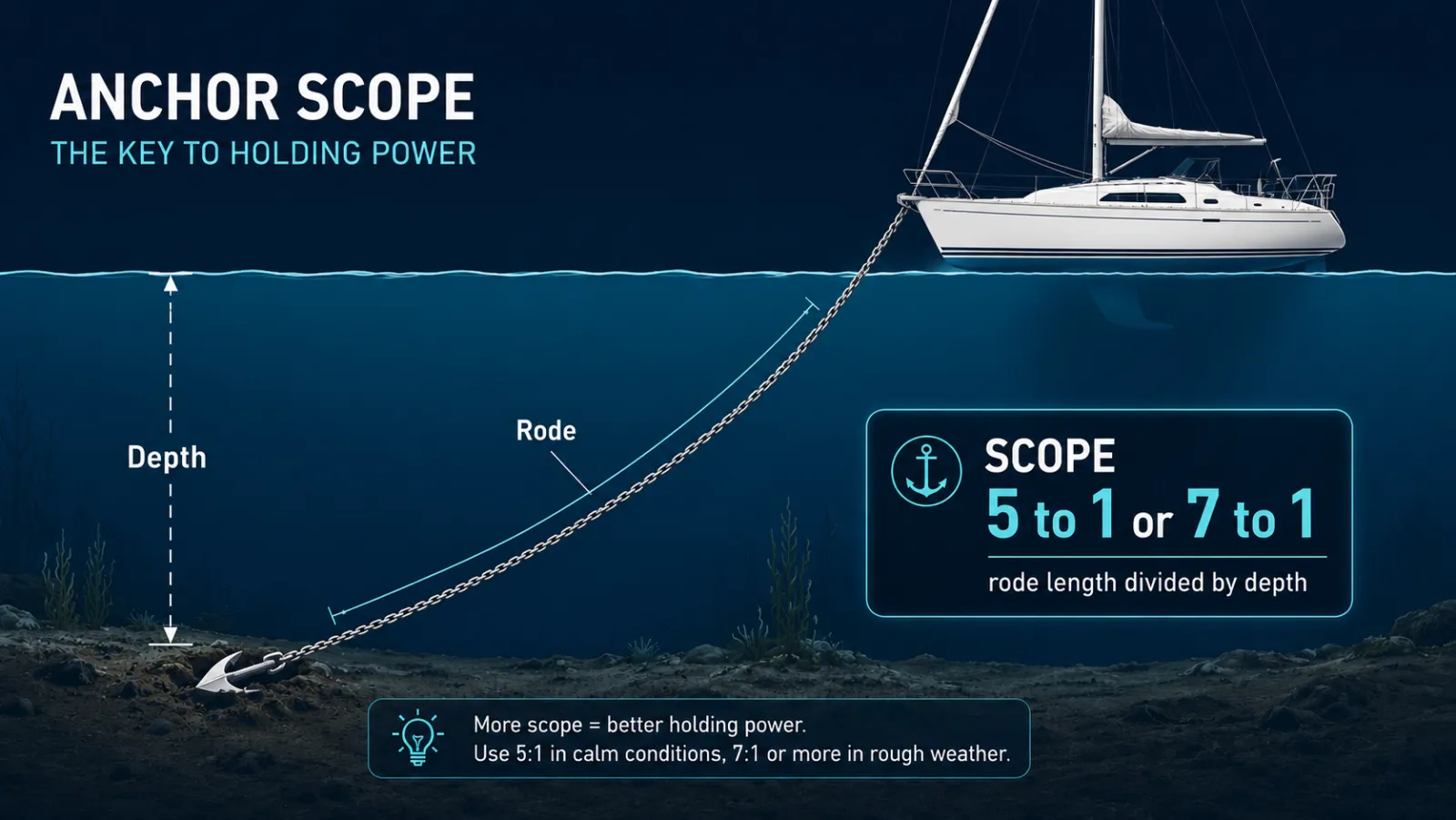 Side-view diagram of anchor scope: rode length compared with water depth, aiming for 5 to 1 or 7 to 1