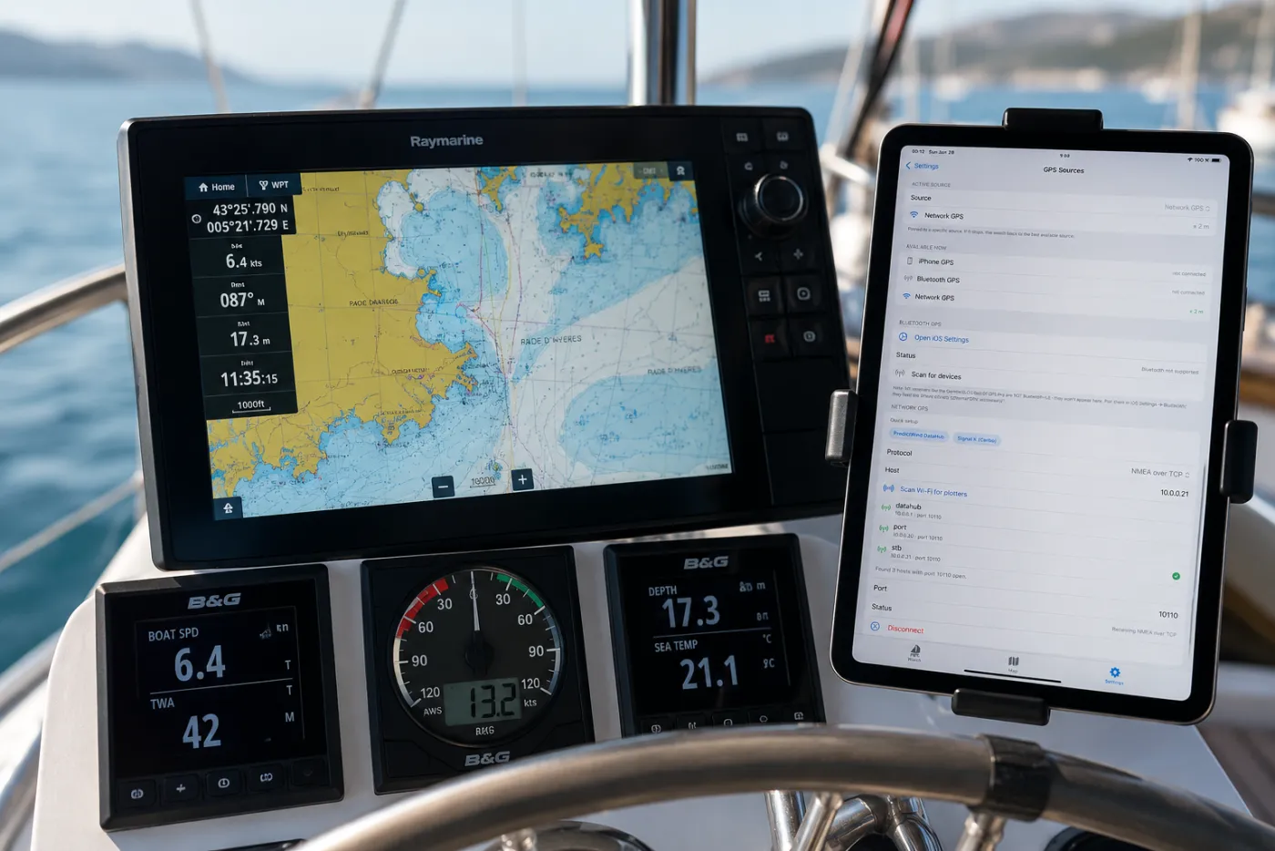 Marine chartplotter and NMEA instruments glowing on a yacht helm