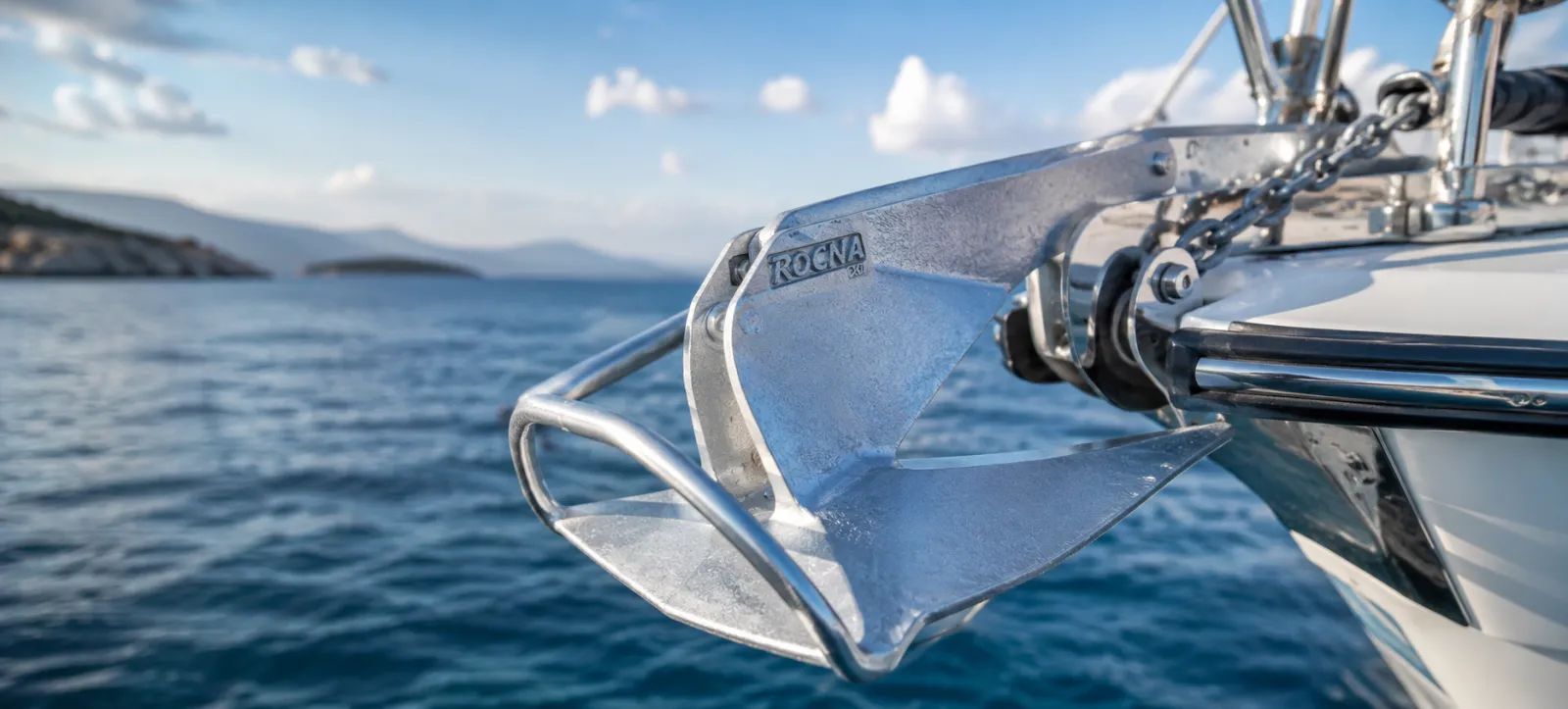 Modern galvanized boat anchor on a bow roller