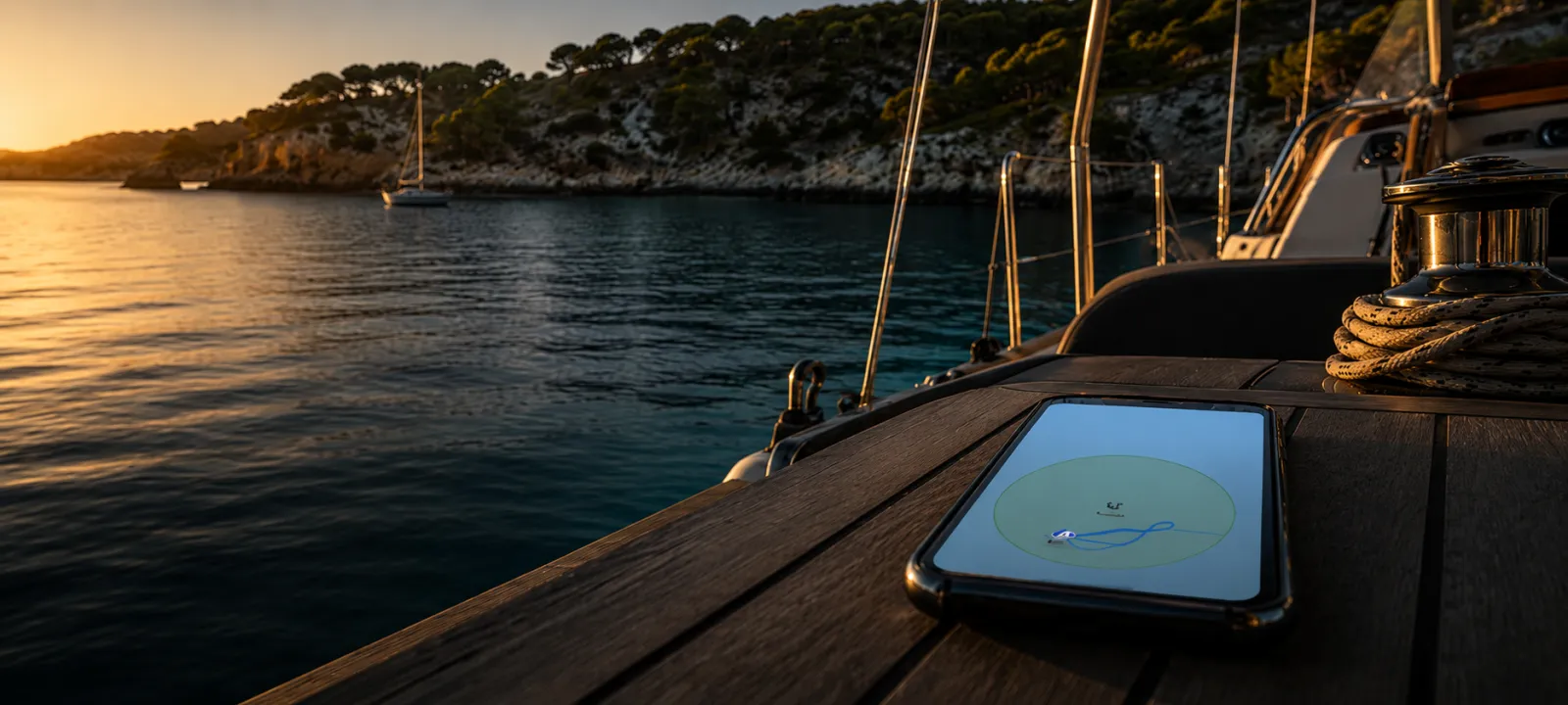 Anchor alarm app on a phone at the helm
