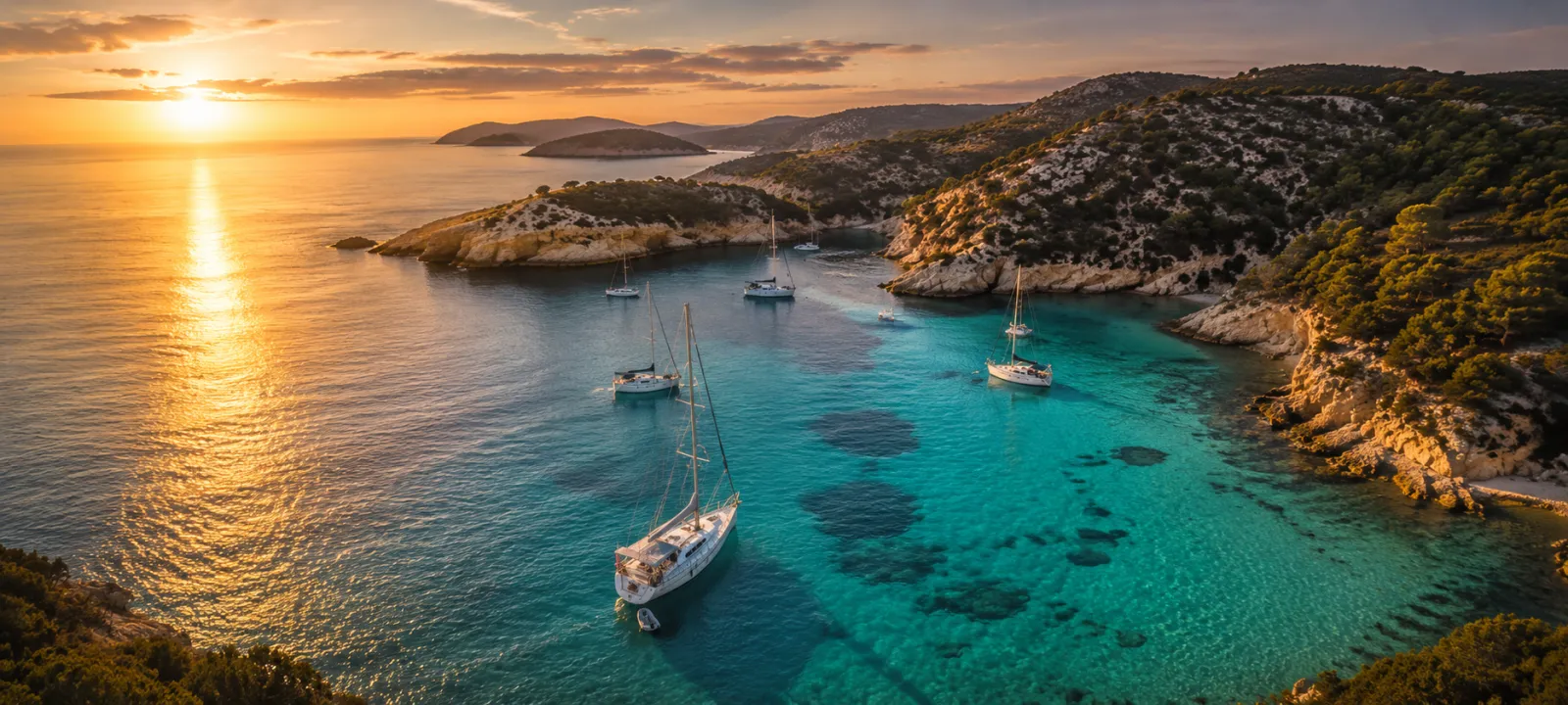 Sailboats anchored in a sheltered turquoise cove at sunset