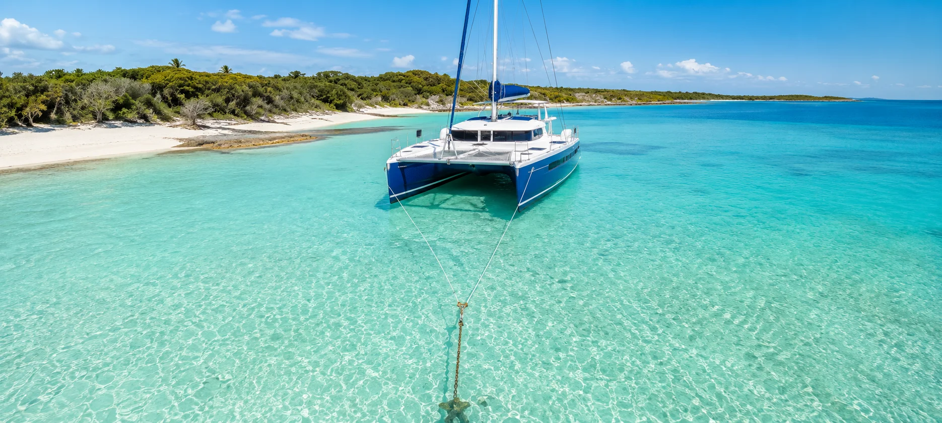 Catamaran at anchor in a turquoise bay with bridle lines visible