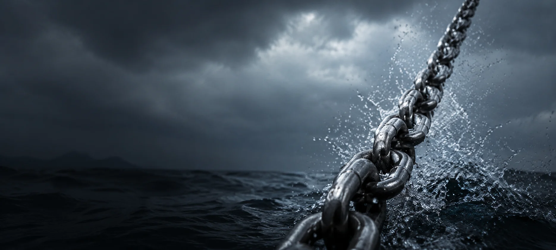 Anchor chain pulled taut at a steep angle as a boat drags in rising wind