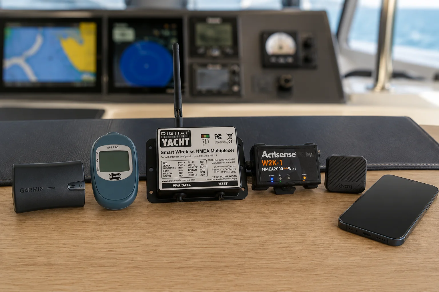 GPS receiver on a yacht nav table next to a phone running an anchor alarm