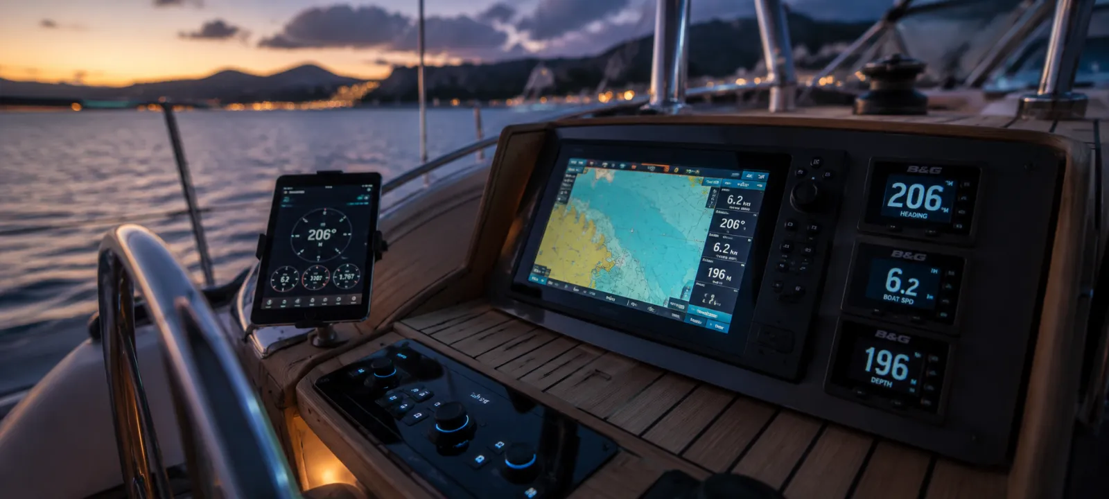 Yacht navigation station with glowing chartplotter