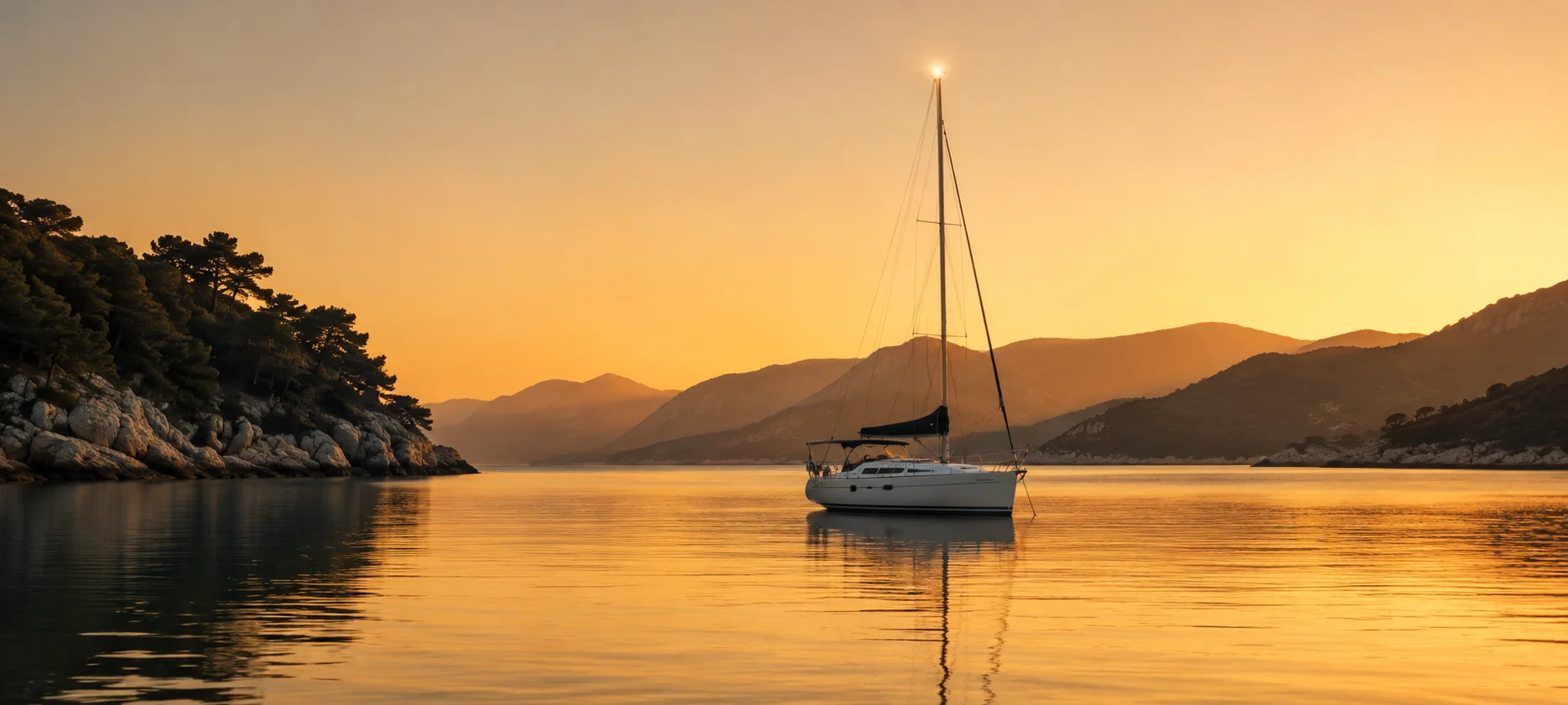 Sailboat at anchor at sunset with anchor light glowing at the masthead